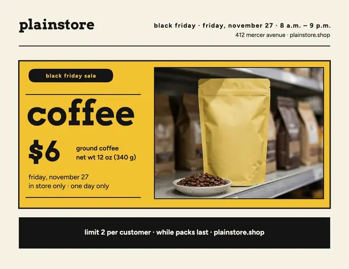 Plainstore generic coffee Black Friday flyer: black friday sale flyer template