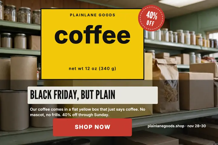 Plainlane Goods plain coffee Black Friday postcard: black friday postcard template