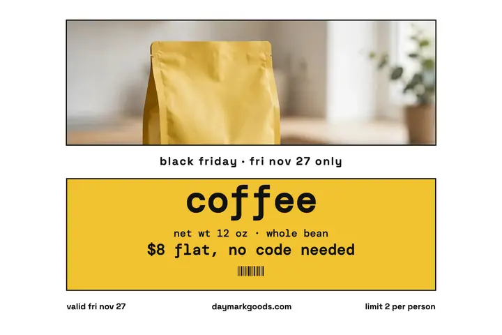 Daymark Goods Black Friday coffee postcard: black friday coffee sale postcard template