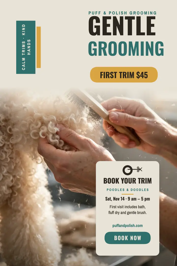 Puff and Polish gentle grooming poster template