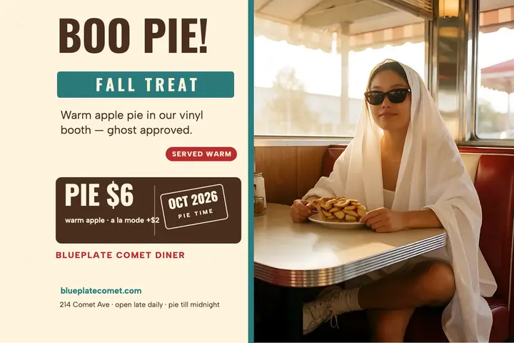 Blueplate Comet ghost pie postcard: diner pie postcard template