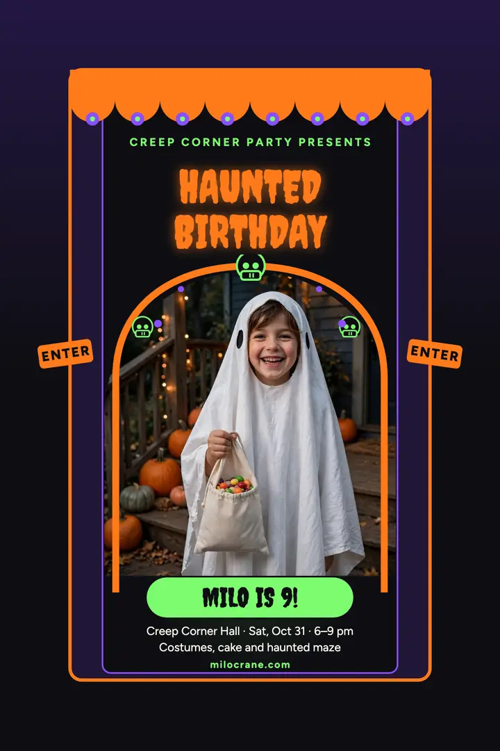 Milo Crane haunted birthday ghost-train poster template