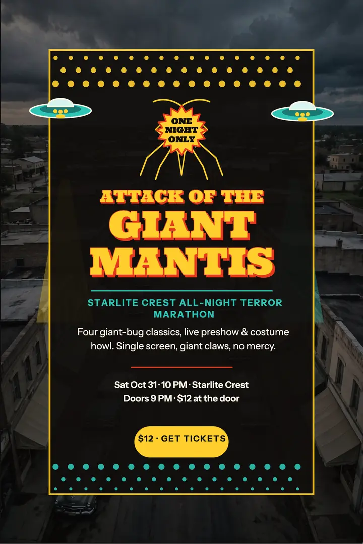 Starlite Crest giant mantis marathon poster: halloween horror marathon poster template