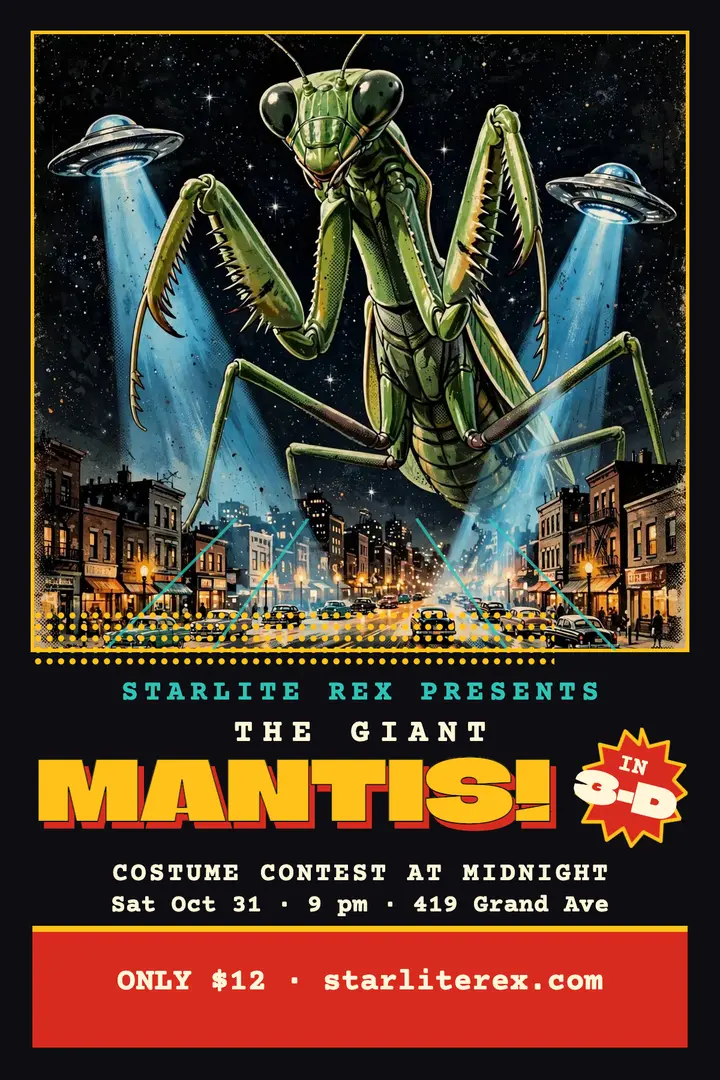 Starlite Rex giant mantis screening poster: halloween screening poster template