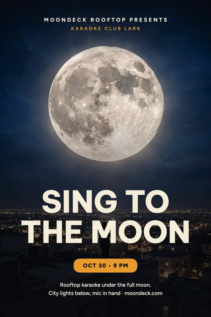 Moondeck rooftop karaoke moon poster: karaoke night poster template