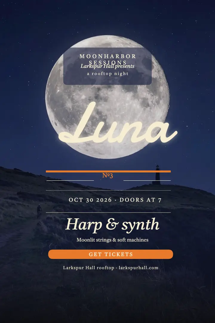 Moonharbor rooftop harp and synth night poster: rooftop concert poster template