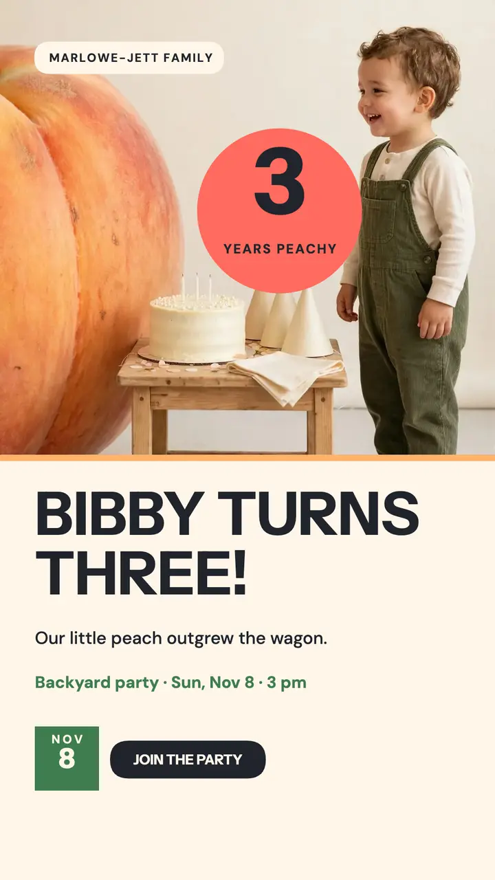 Bibby turns three peach party story template