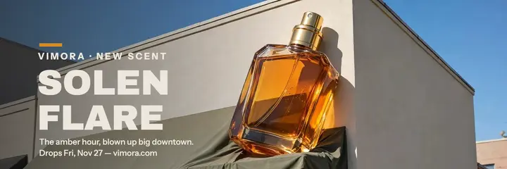Vimora Solen Flare giant bottle header: perfume launch header template