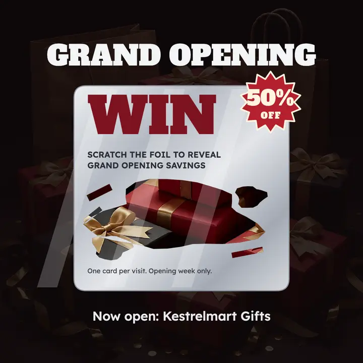 Kestrelmart gift boutique opening scratch card post template