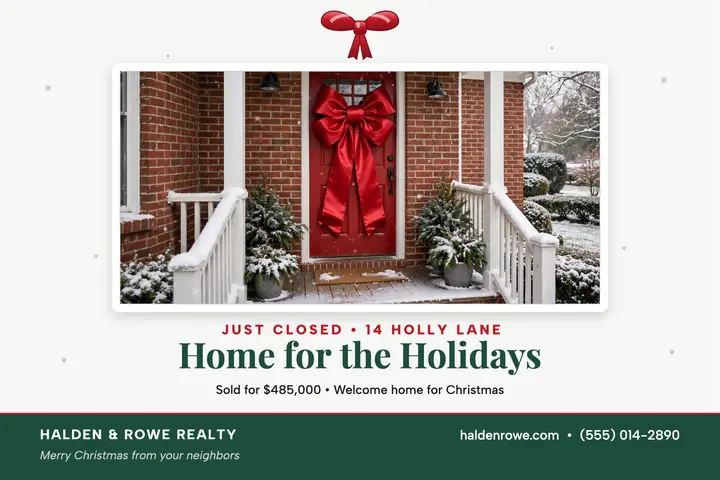 Gift bow home closing postcard: christmas closing postcard template
