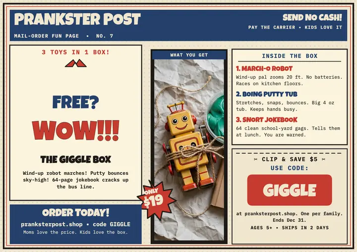 Giggle Box comic sale sheet, Prankster Post: toy bundle sale sheet template