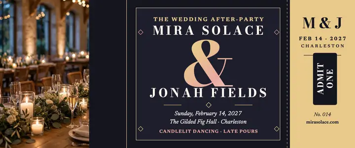 Mira Solace and Jonah Fields after-party ticket: wedding after-party ticket template
