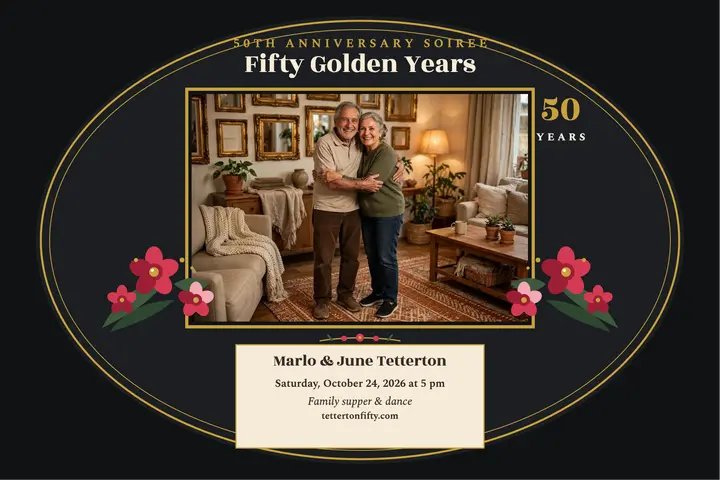 Marlo and June golden anniversary tray postcard: anniversary postcard template