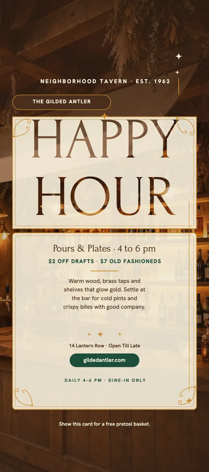 The Gilded Antler happy hour rack card template