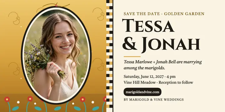 Tessa and Jonah golden garden wedding post: wedding save the date post template