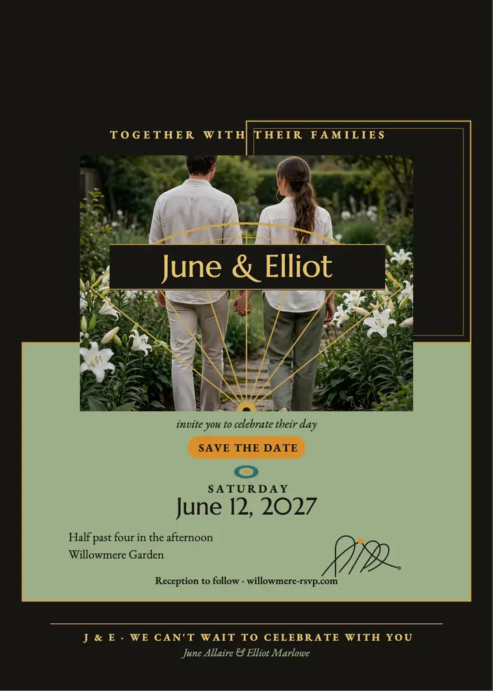 June and Elliot gilded fan save the date template