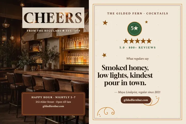 Gilded Fern bar review postcard template
