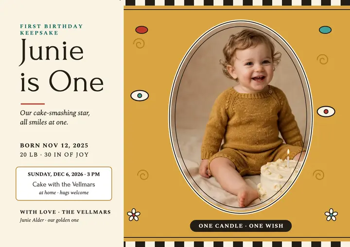 Junie is One gilded keepsake certificate template