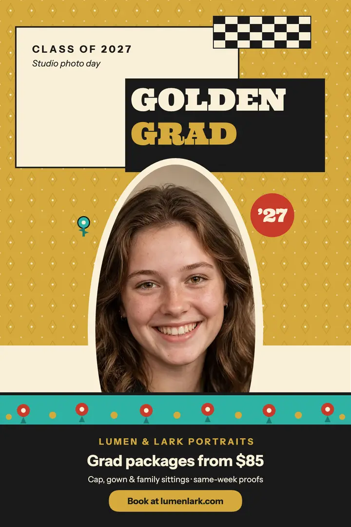 Golden grad studio portrait poster: graduation portrait poster template