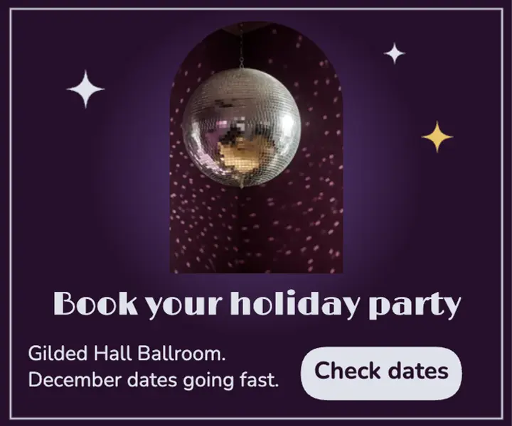 Gilded Hall holiday party ballroom display ad, mirrorball glam template