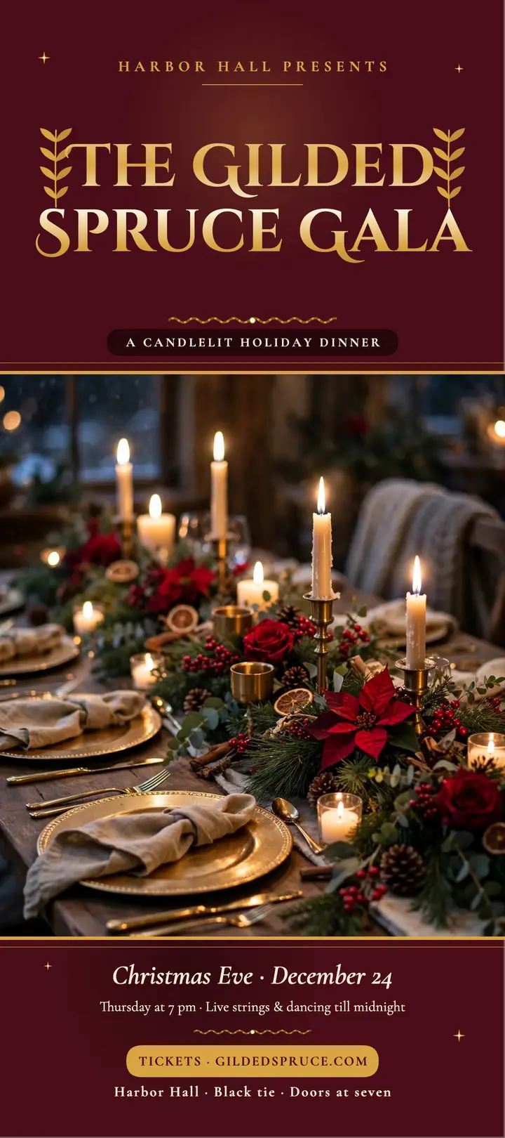 Gilded Spruce holiday gala rack card: holiday gala rack card template