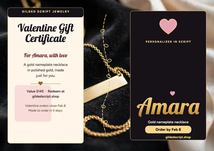 Gilded Script Valentine necklace certificate template
