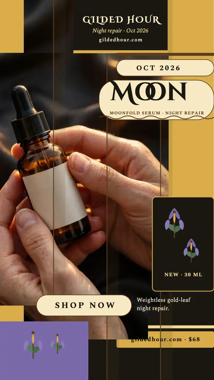Gilded Hour Moonfold Serum launch story: serum launch story template
