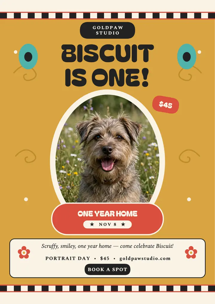 Biscuit gotcha day portrait flyer: groomer gotcha day flyer template