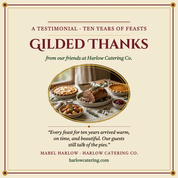 Gilded thanks testimonial, Harlow Catering template
