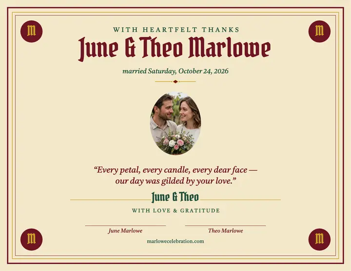 Gilded thanks wedding flyer, Marlowe: wedding thank you flyer template