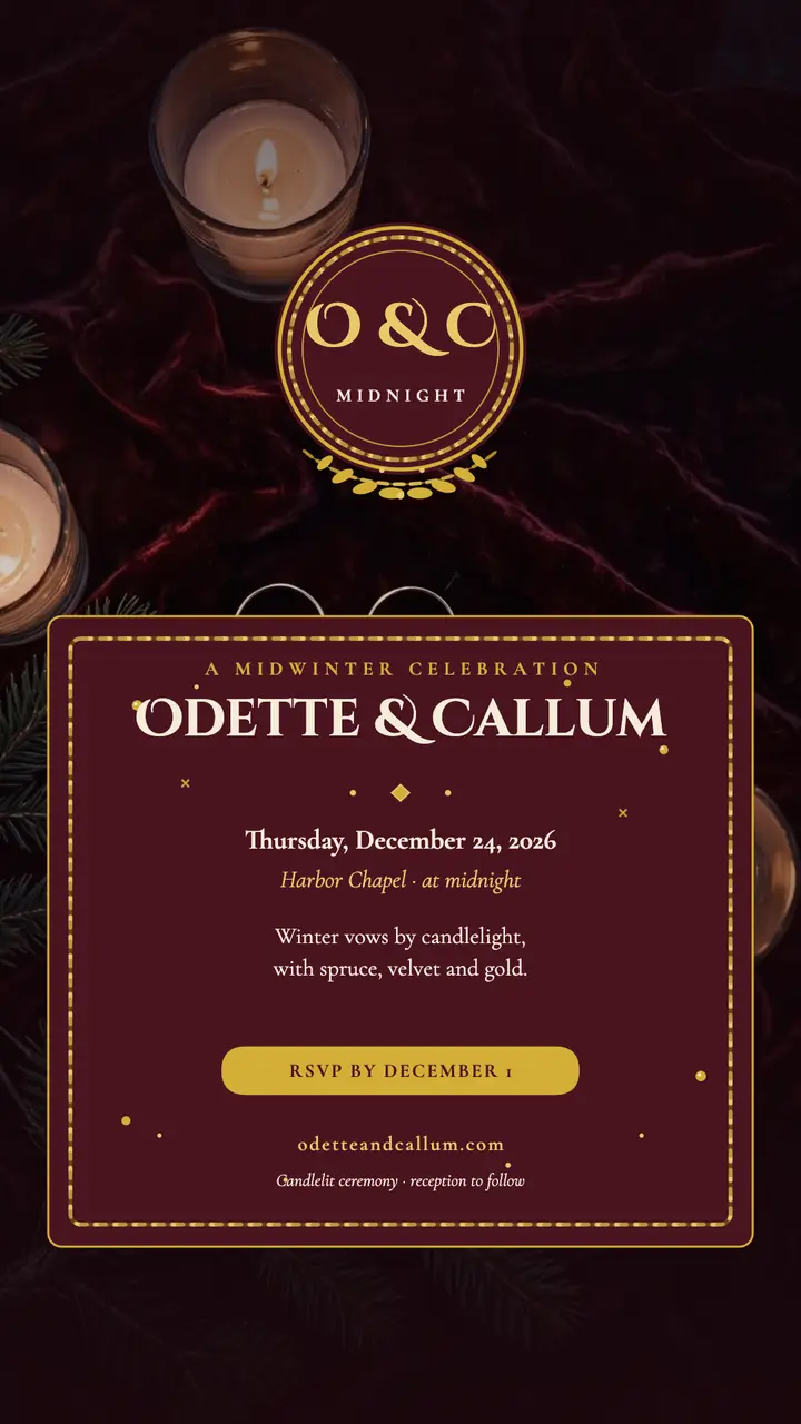 Odette and Callum gilded winter vows: winter wedding invitation story template