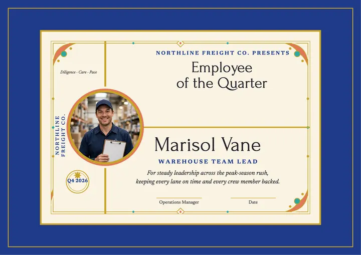 Northline Freight employee of the quarter certificate template