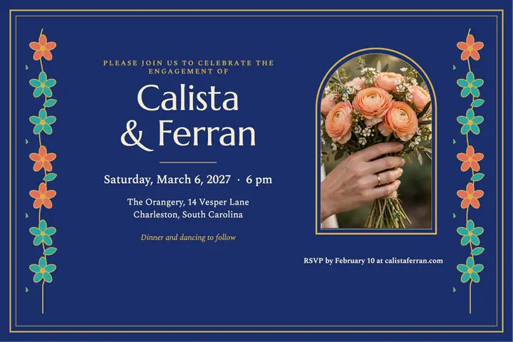 Calista and Ferran engagement party postcard: engagement party invitation template