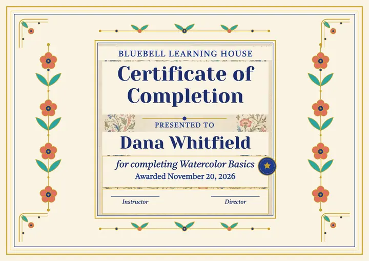 Bluebell gilt floral completion certificate template
