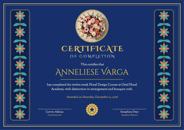 Oriel floral design certificate template