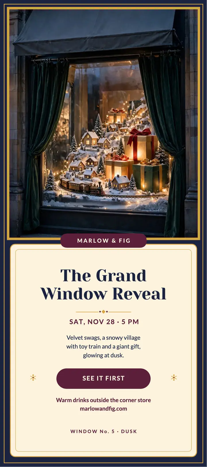 Marlow and Fig holiday window reveal rack card: holiday window reveal template