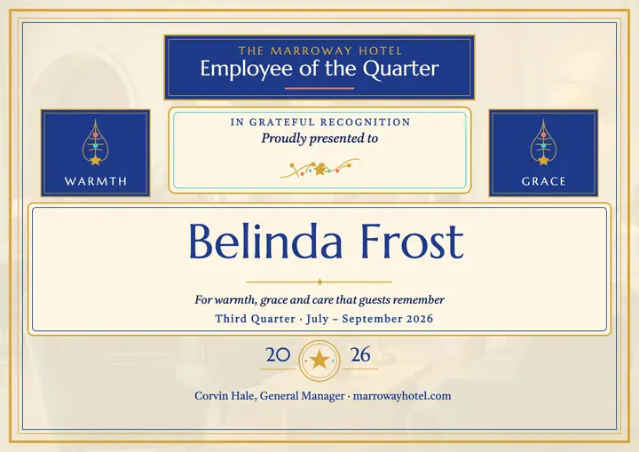 Marroway Hotel star award certificate template