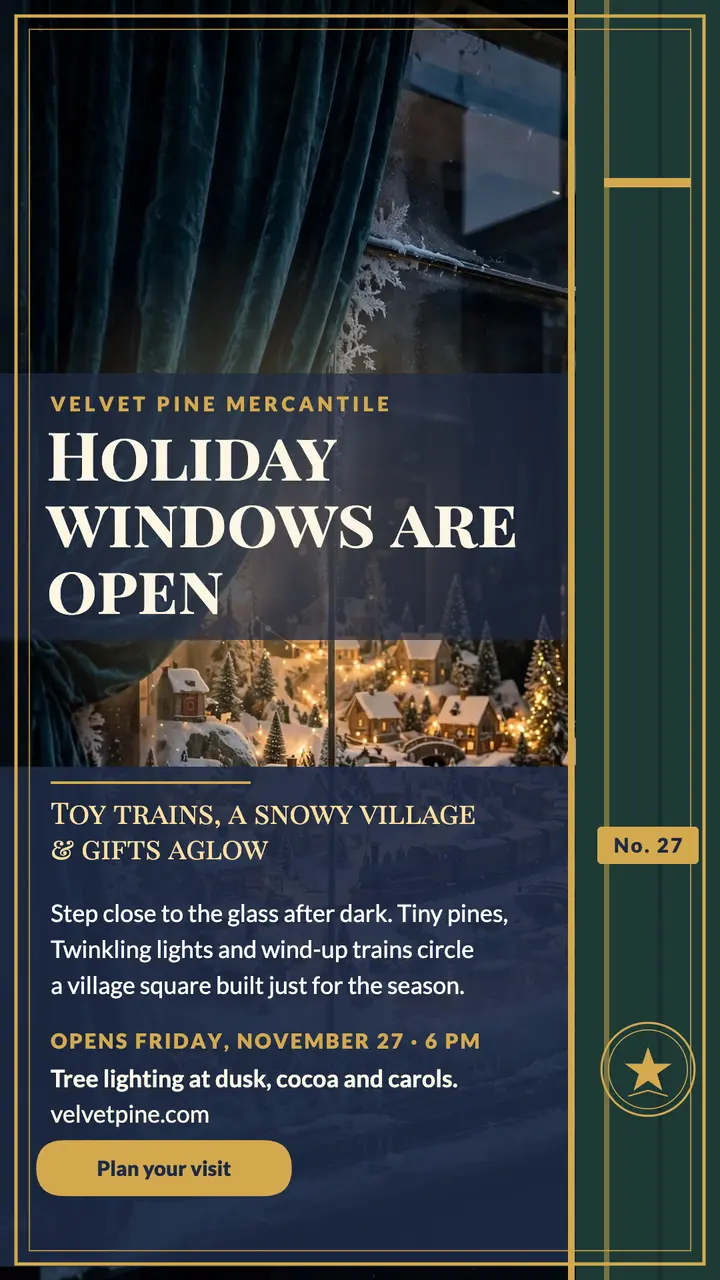 Velvet Pine holiday window launch story template