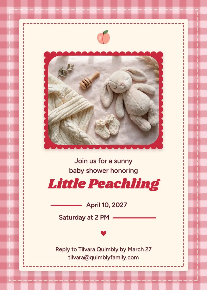 Little Peachling baby shower invitation, gingham template