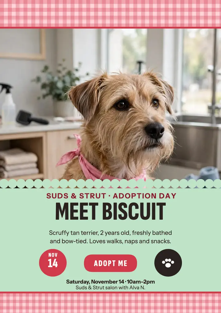 Biscuit adoption day flyer, Suds and Strut template