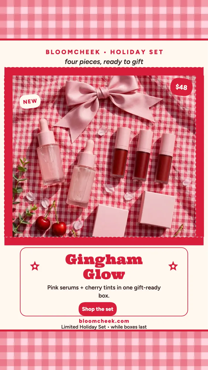 Bloomcheek gingham skincare gift set story template
