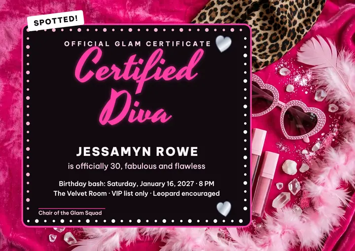 Certified Diva birthday certificate: 30th birthday glam certificate template