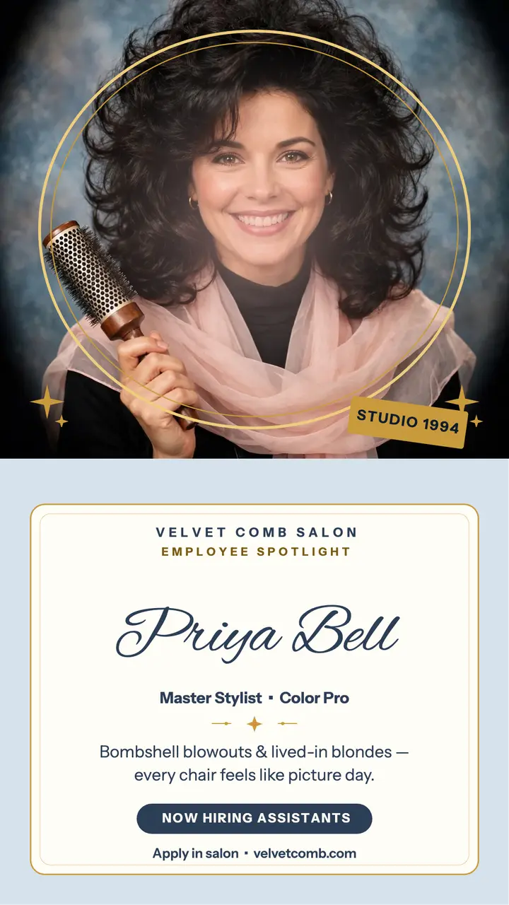 Velvet Comb stylist spotlight hiring story template