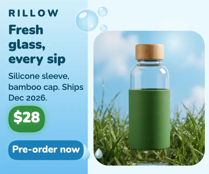Glass water bottle pre-order ad, Frutiger Aero template
