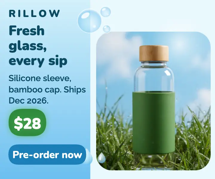 Glass water bottle pre-order ad, Frutiger Aero template