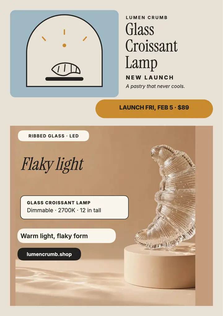 Lumen Crumb glass croissant lamp flyer template