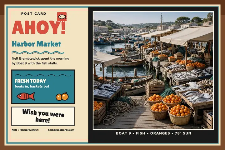 Harbor market folk glass postcard template