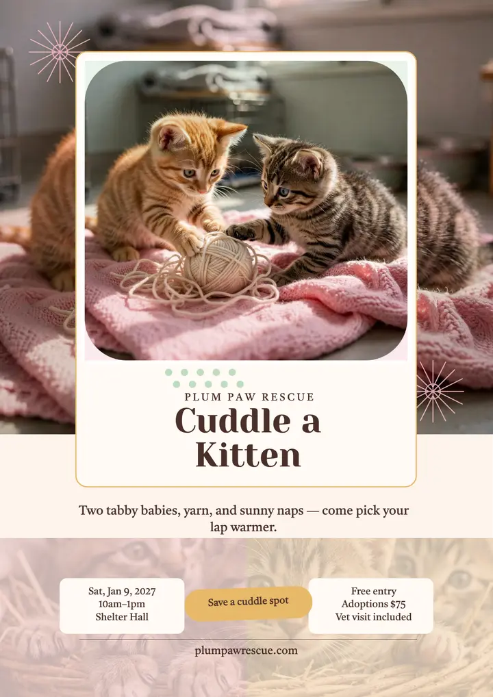 Plum Paw kitten cuddle morning glass flyer: kitten adoption flyer template