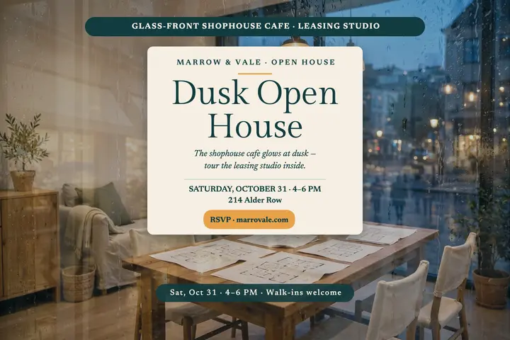 Marrow and Vale dusk open house postcard template