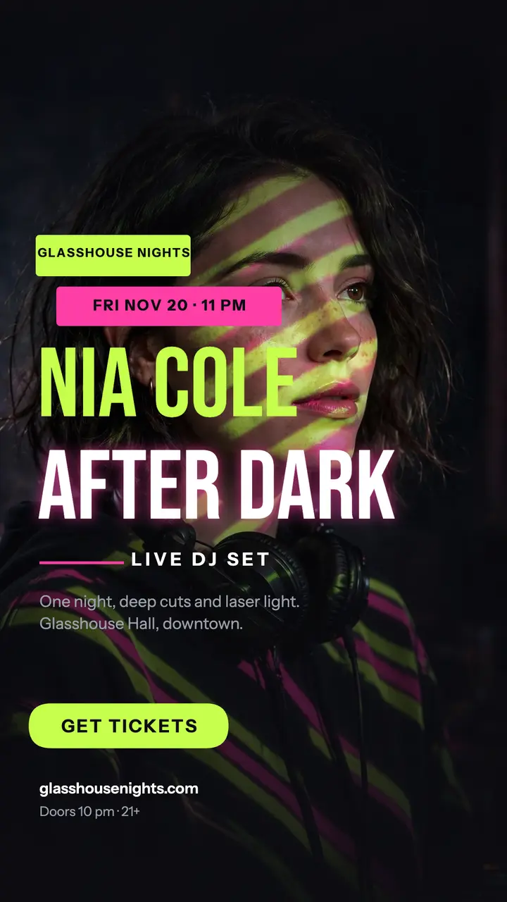Glasshouse Nights DJ story, Nia Cole template